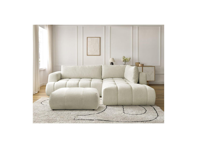 Canapé D'Angle L Convertible - Fuji - Tissu Lisse Avec Pouf - Angle Droit