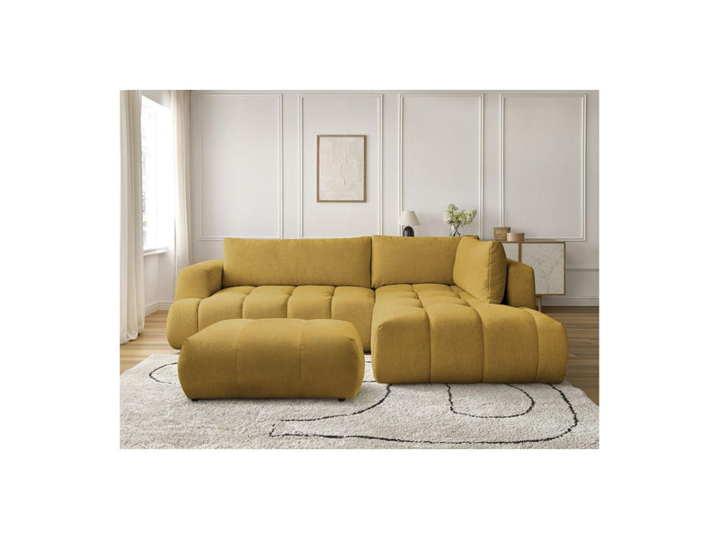 Canapé D'Angle L Convertible - Fuji - Tissu Lisse Avec Pouf - Angle Droit