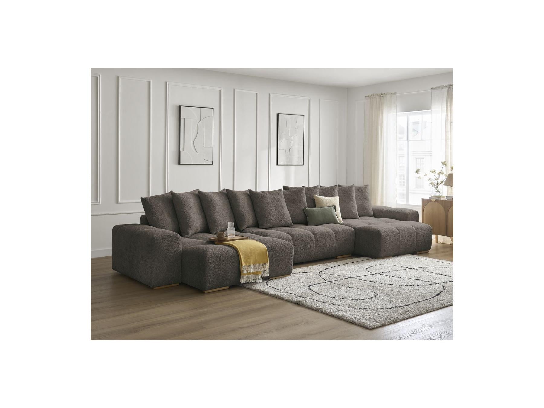 Anakin - Canapé Panoramique Fixe - Tissu Bouclette - 10 Coussins