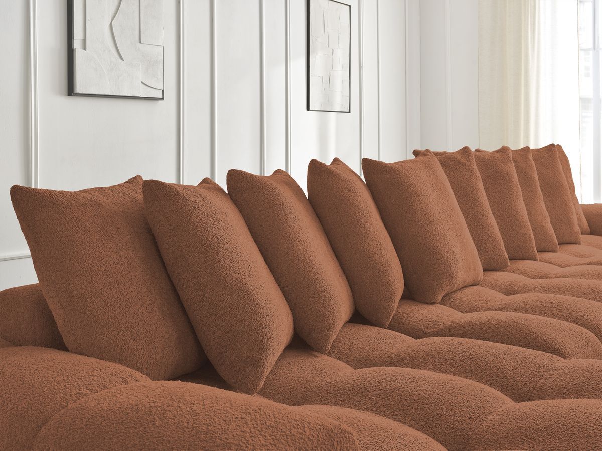 Anakin - Canapé Panoramique Fixe - Tissu Bouclette - 10 Coussins