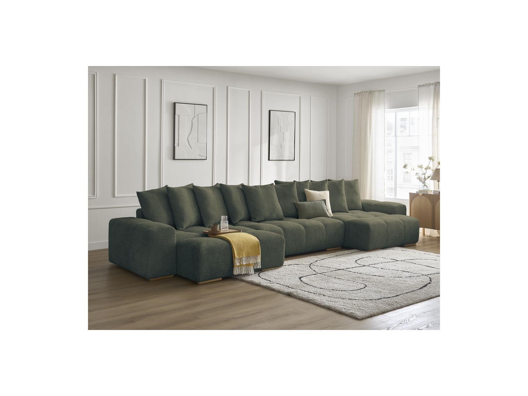 Anakin - Canapé Panoramique Fixe - Tissu Bouclette - 10 Coussins