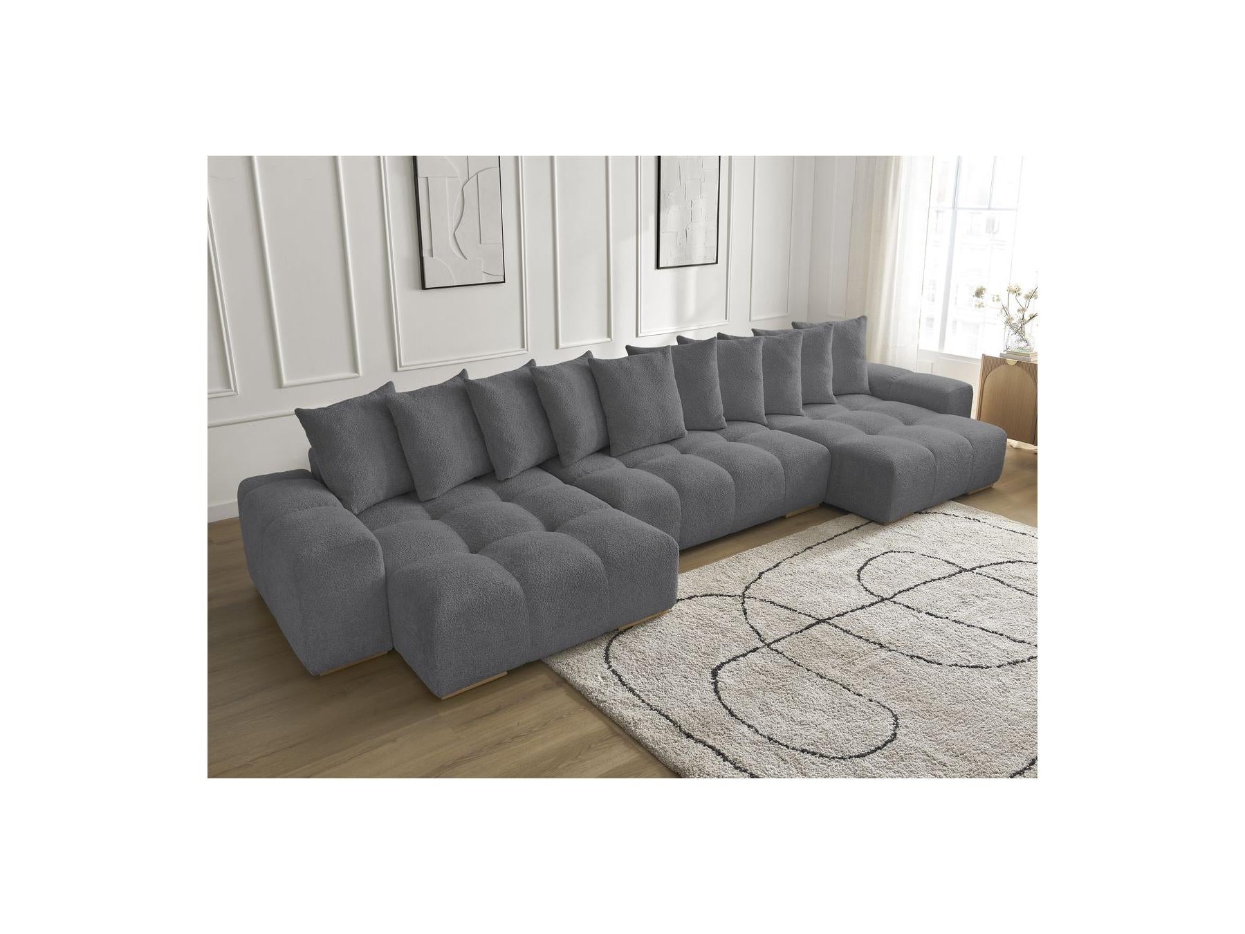 Anakin - Canapé Panoramique Fixe - Tissu Bouclette - 10 Coussins