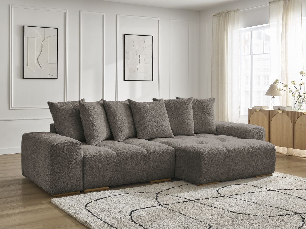 Anakin - Canapé D'Angle Réversible - Tissu Bouclette - 6 Coussins