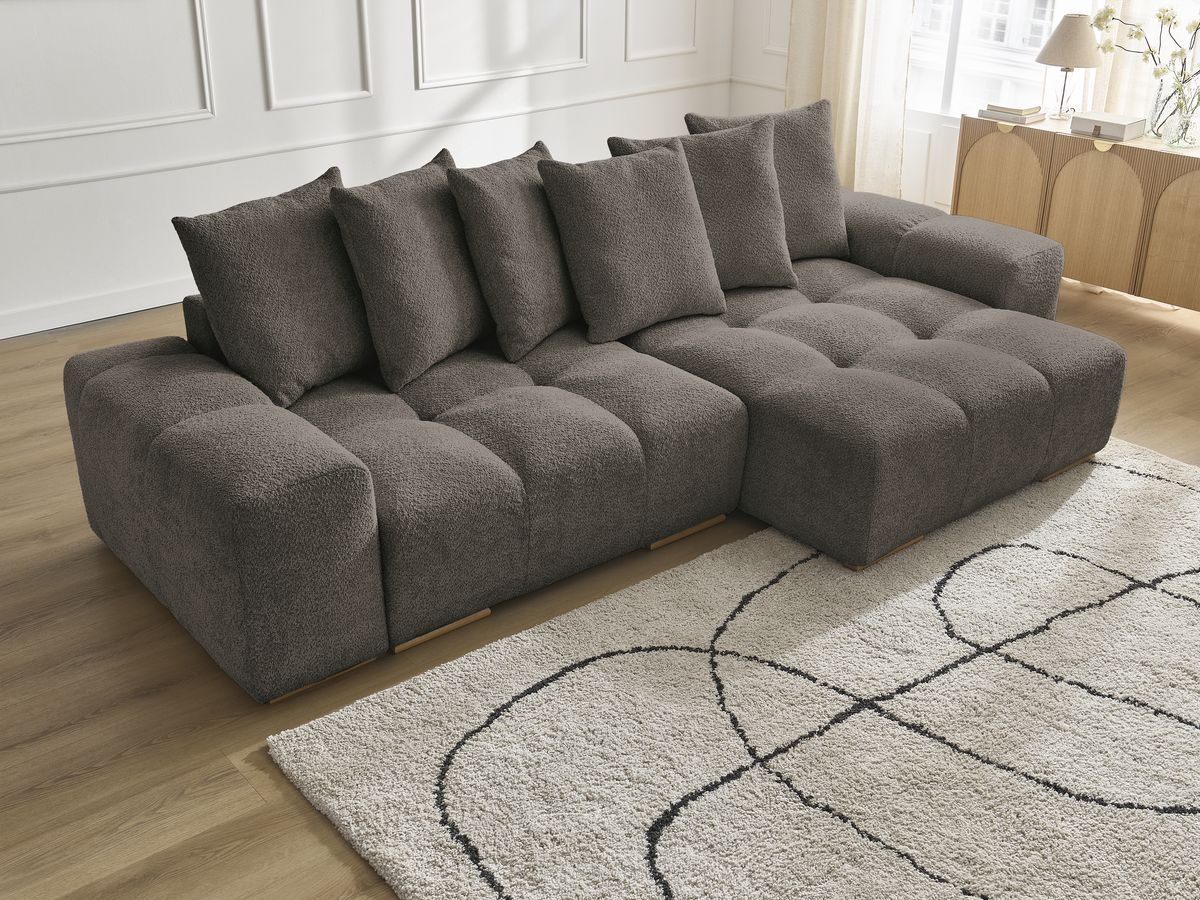 Anakin - Canapé D'Angle Réversible - Tissu Bouclette - 6 Coussins