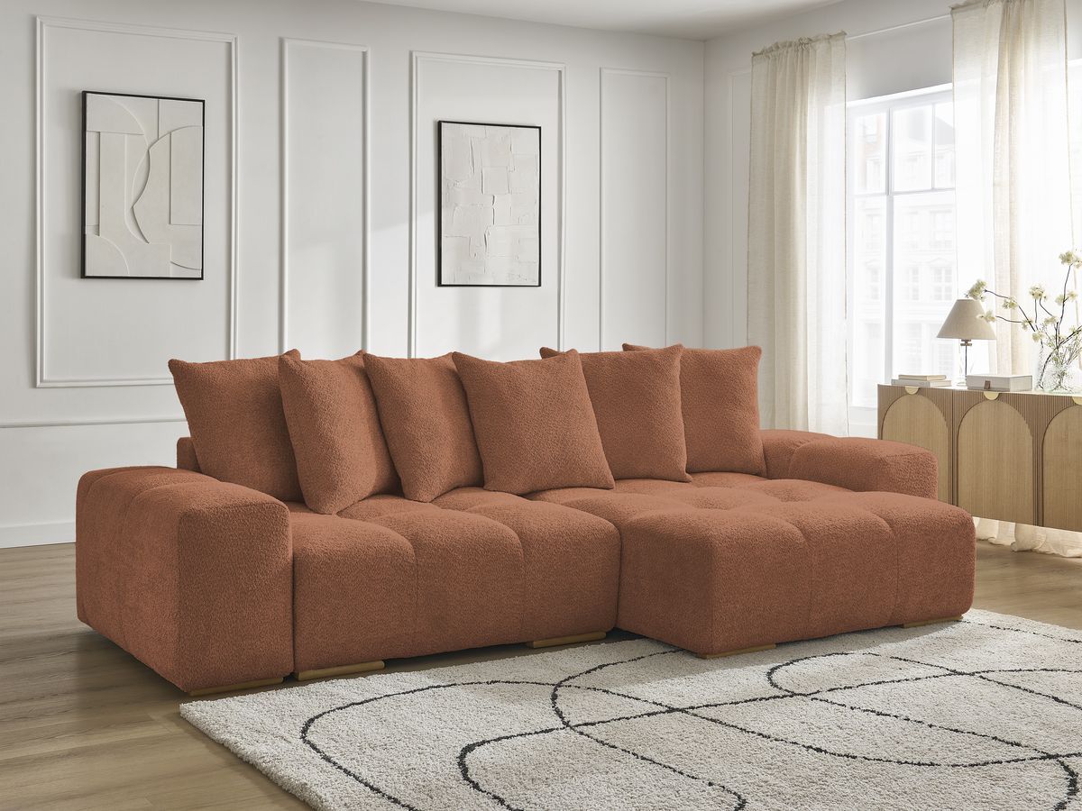 Anakin - Canapé D'Angle Réversible - Tissu Bouclette - 6 Coussins