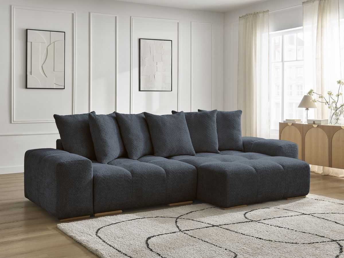 Anakin - Canapé D'Angle Réversible - Tissu Bouclette - 6 Coussins