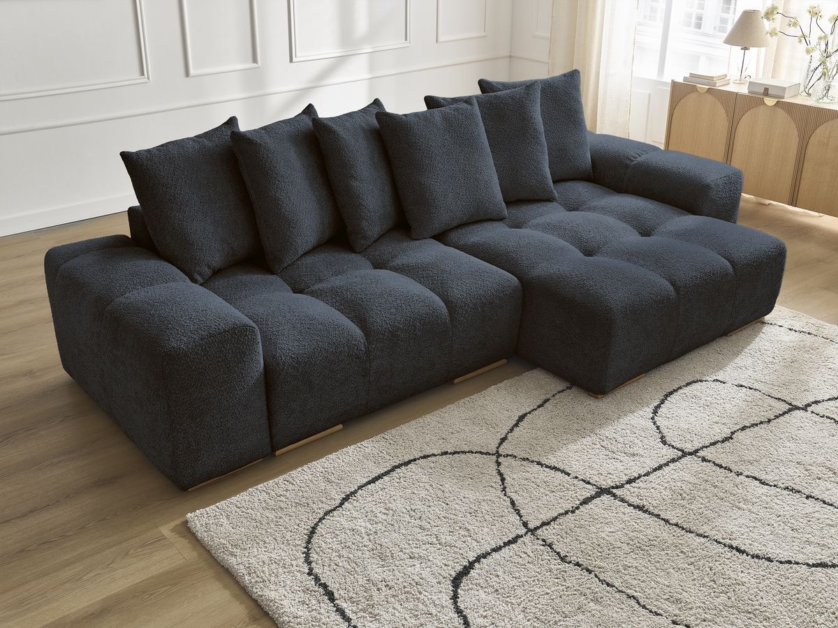 Anakin - Canapé D'Angle Réversible - Tissu Bouclette - 6 Coussins