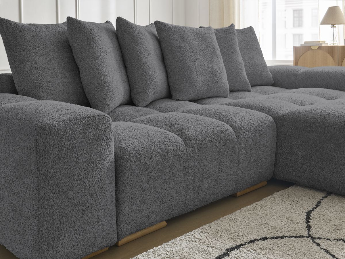 Anakin - Canapé D'Angle Réversible - Tissu Bouclette - 6 Coussins