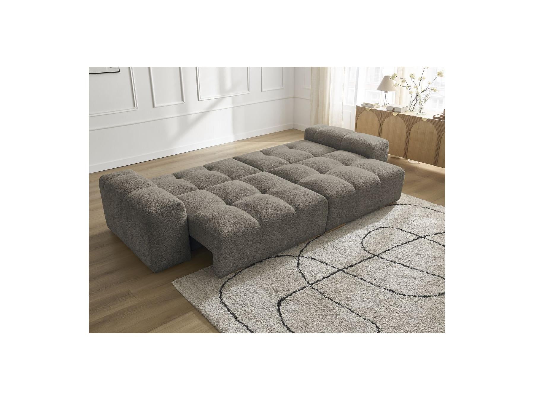 Anakin - Sofá recto cama con arcón - Tejido bouclé - 6 cojines