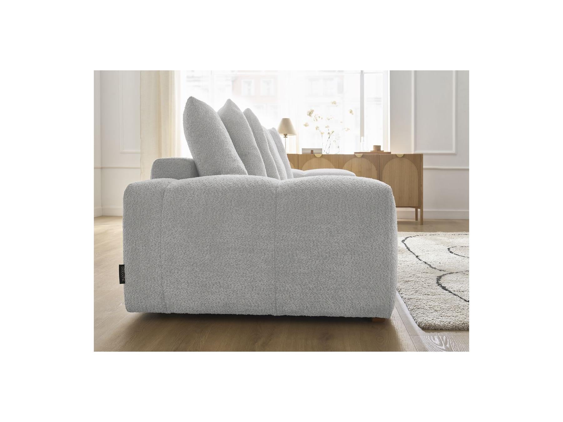 Anakin - Sofá recto cama con arcón - Tejido bouclé - 6 cojines
