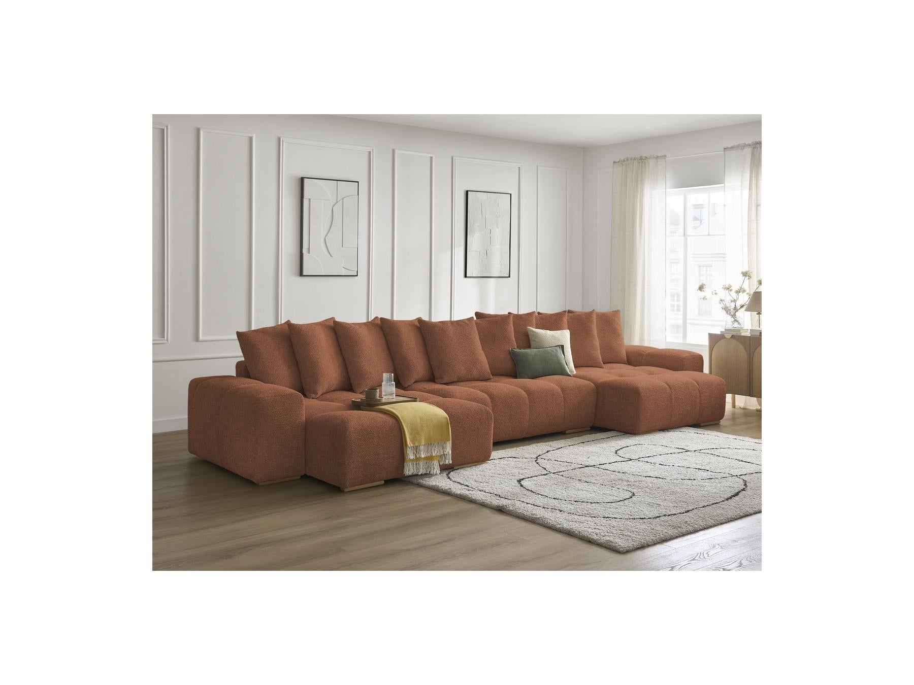 Anakin - Panoramic Convertible Sofa with Storage - Bouclé Fabric - 10 Cushions