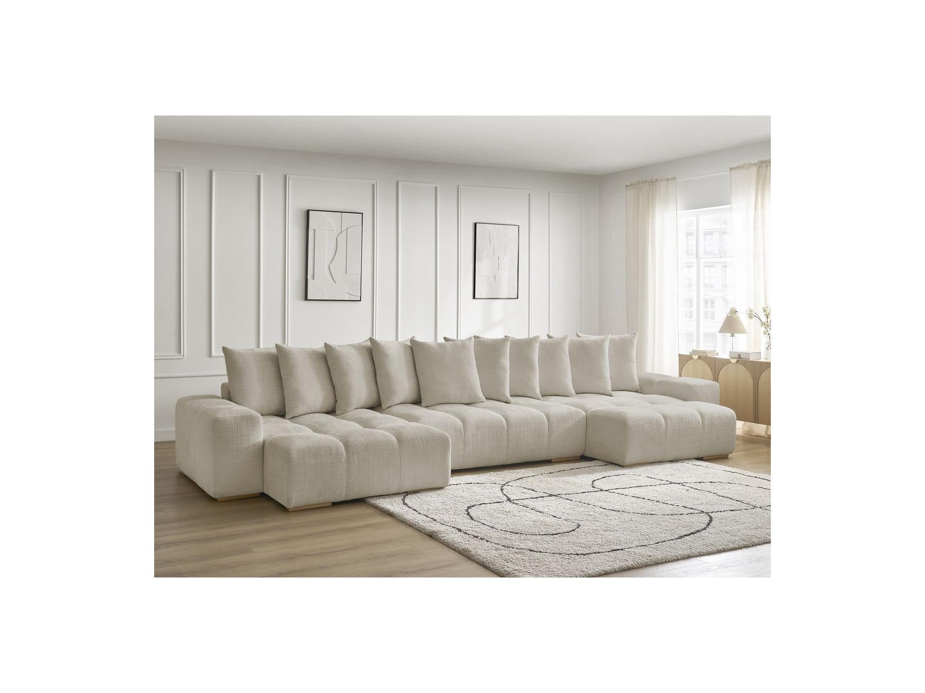 Anakin - Canapé Panoramique Convertible Coffre - Tissu Texturé - 10 Coussins