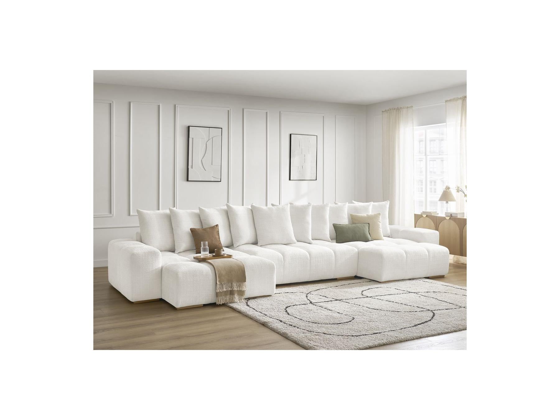 Anakin - Canapé Panoramique Convertible Coffre - Tissu Texturé - 10 Coussins