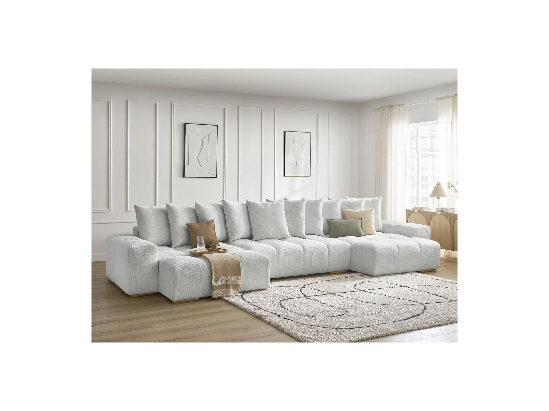 Anakin - Canapé Panoramique Convertible Coffre - Tissu Texturé - 10 Coussins