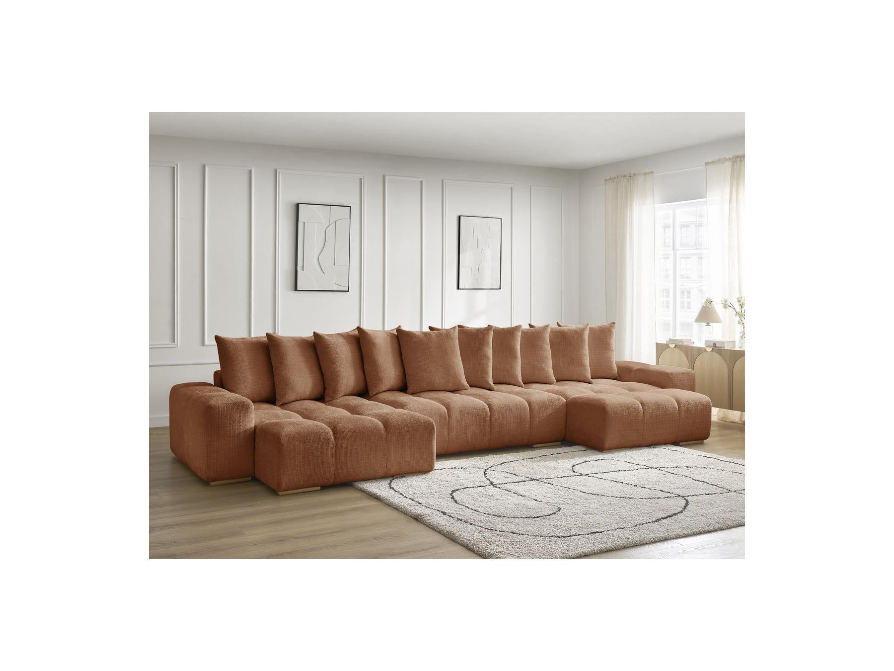 Anakin - Canapé Panoramique Convertible Coffre - Tissu Texturé - 10 Coussins