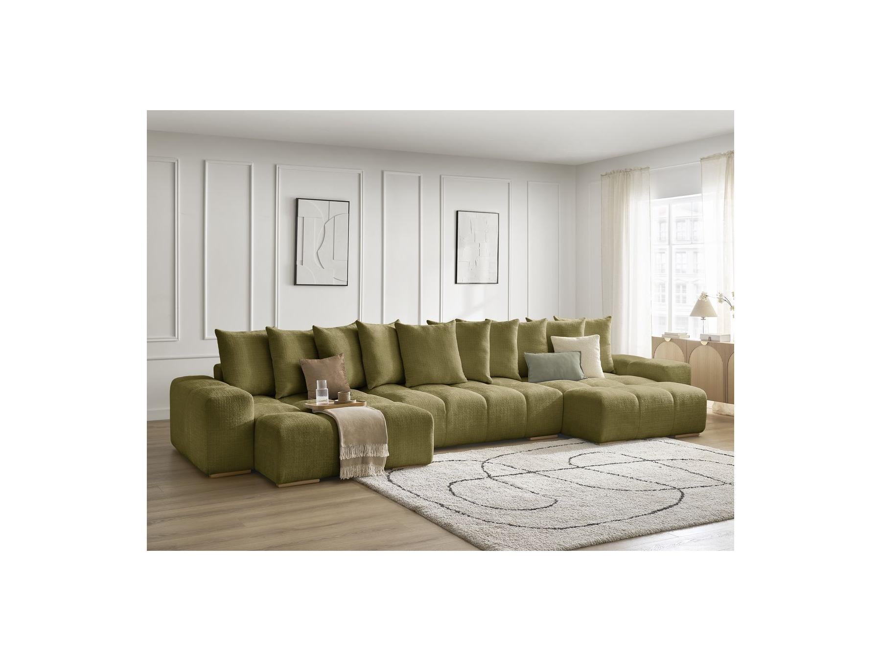 Anakin - Canapé Panoramique Convertible Coffre - Tissu Texturé - 10 Coussins