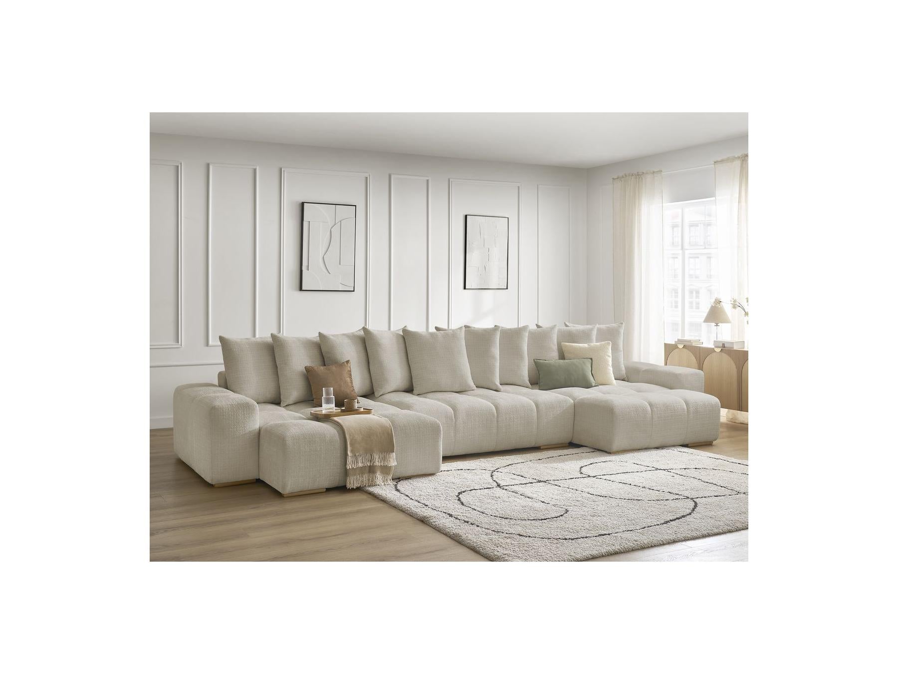 Anakin - Canapé Panoramique Fixe - Tissu Texturé - 10 Coussins