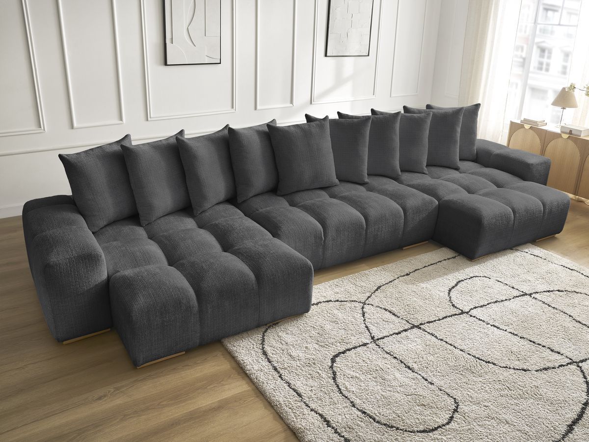 Anakin - Canapé Panoramique Fixe - Tissu Texturé - 10 Coussins