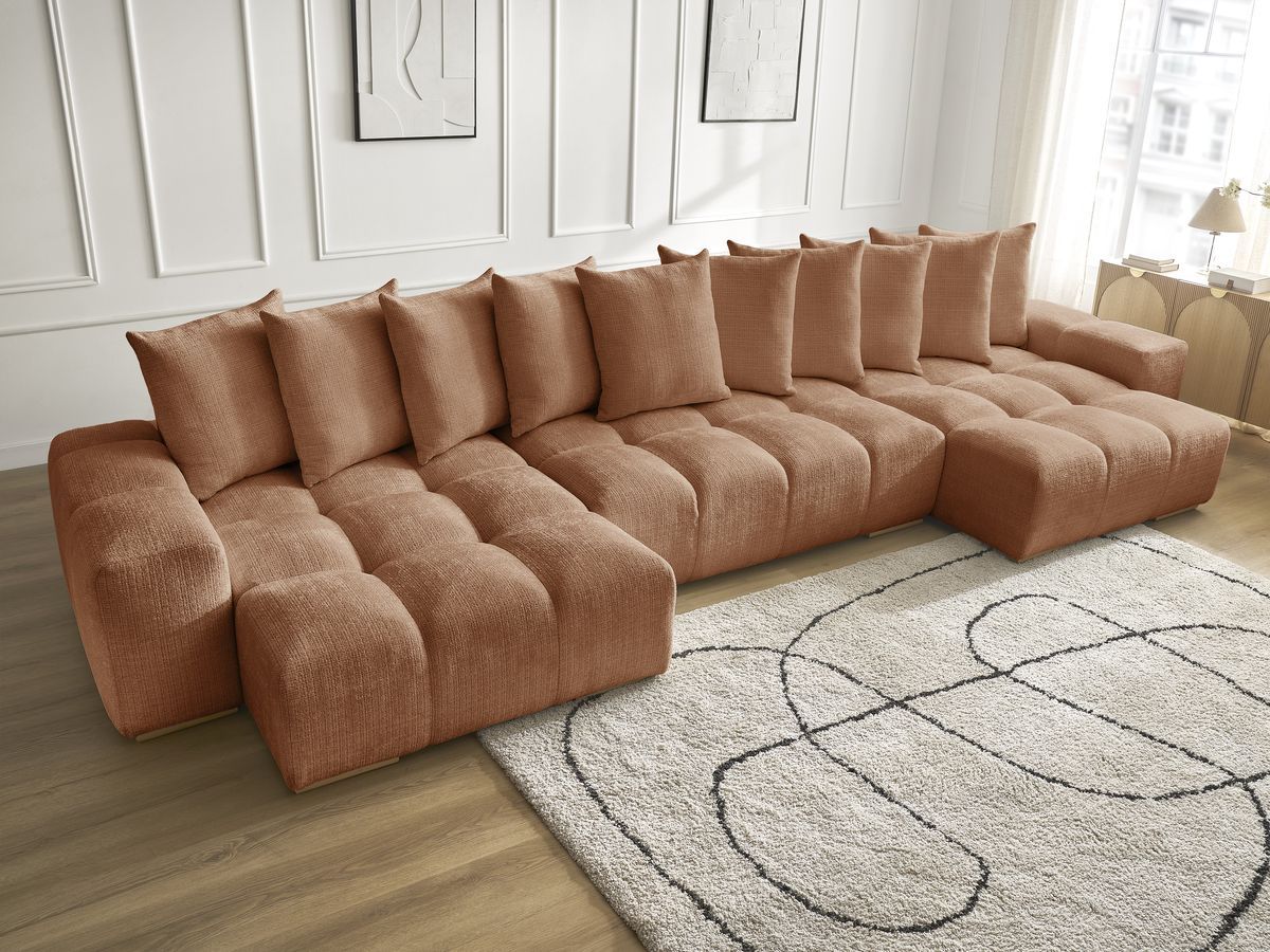 Anakin - Canapé Panoramique Fixe - Tissu Texturé - 10 Coussins
