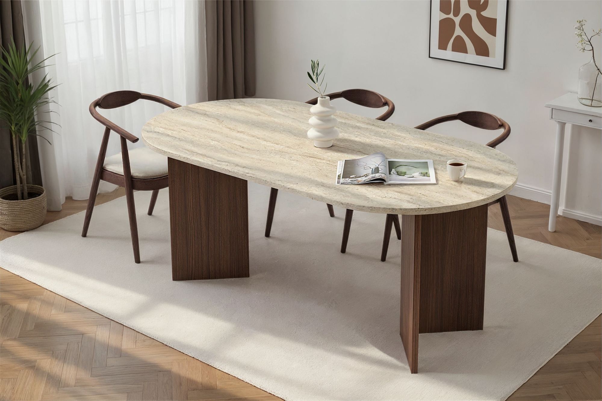 Sablin - Mesa de comedor - Travertino/Nogal Milano