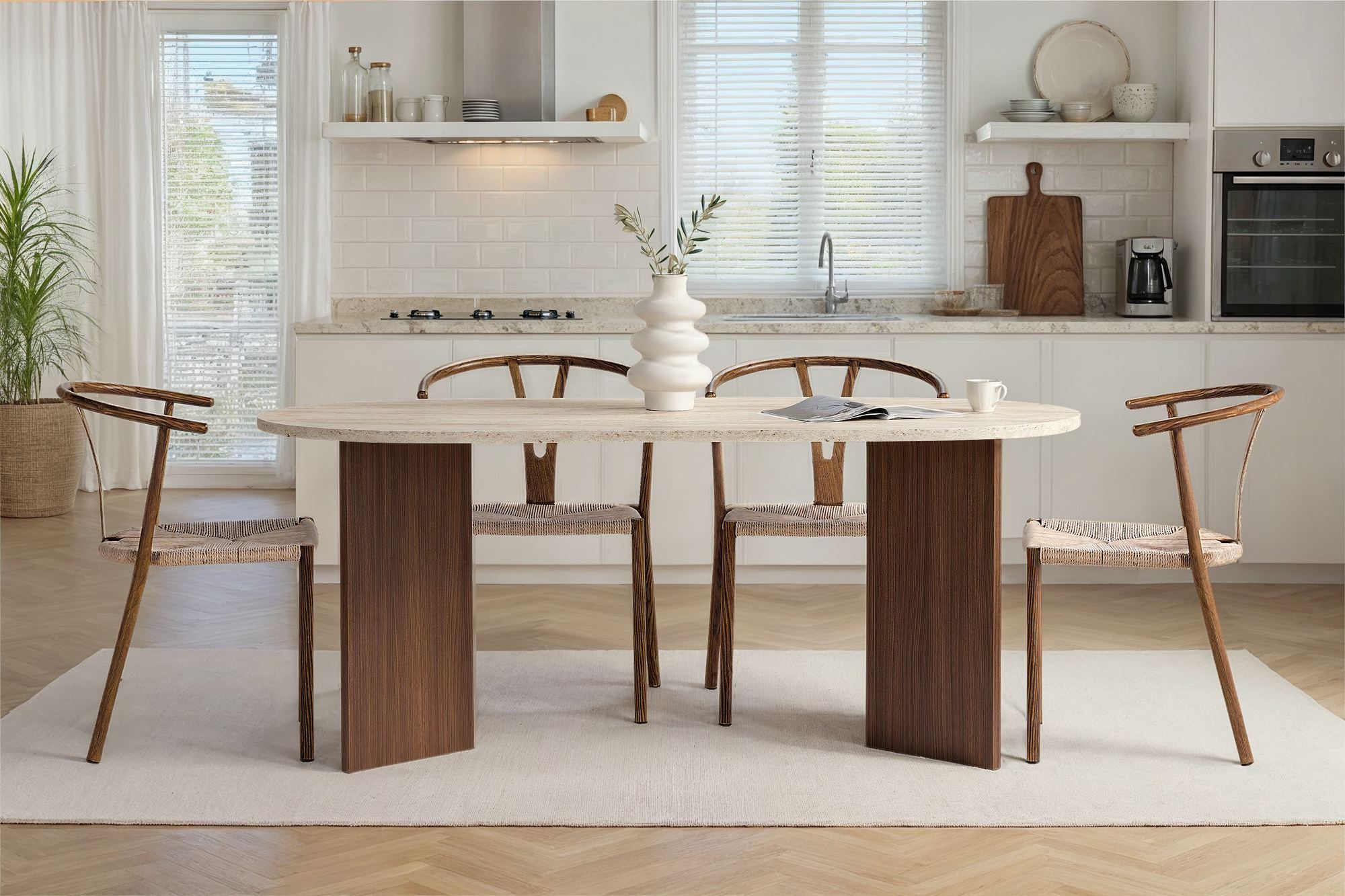 Sablin - Mesa de comedor - Travertino/Nogal Milano