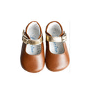 Chaussons Bébé Souples Antidérapants Fille À Boucle Mini-Alice - Cuir Camel Et Or Lisse - Fille