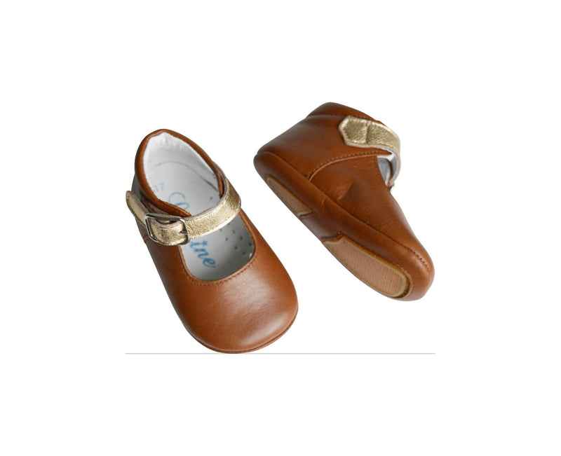 Chaussons Bébé Souples Antidérapants Fille À Boucle Mini-Alice - Cuir Camel Et Or Lisse - Fille