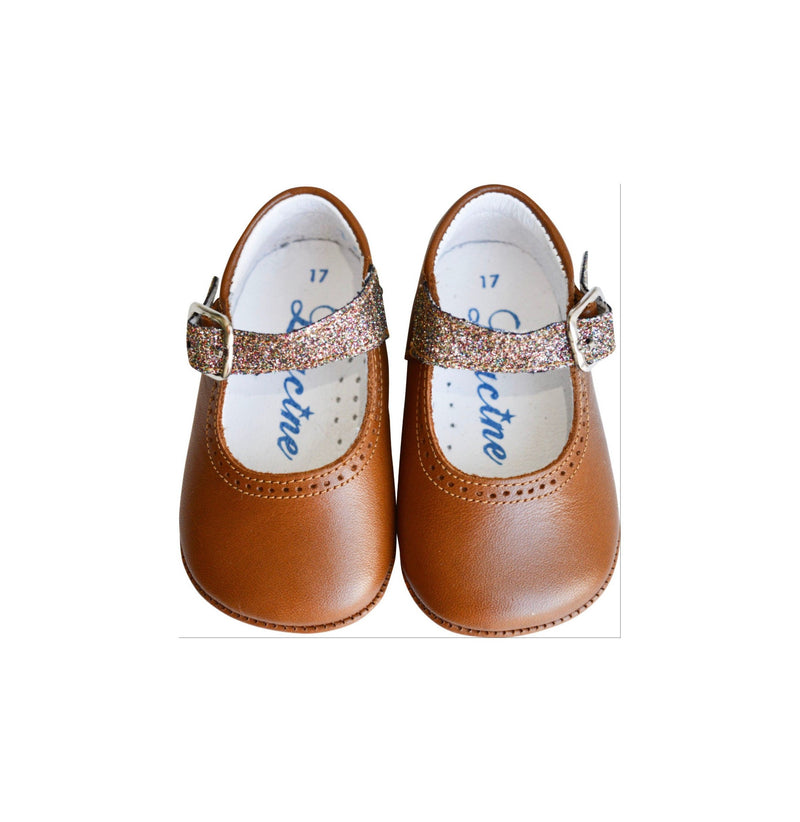 Chaussons Bébé Souples Antidérapants Fille À Boucle Mini-Alice - Cuir Camel Et Paillettes Multicolores - Fille
