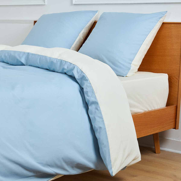 Juego De Cama - Funda Nórdica Reversible - Percal De Algodón - Bicolor Azul/Marfil