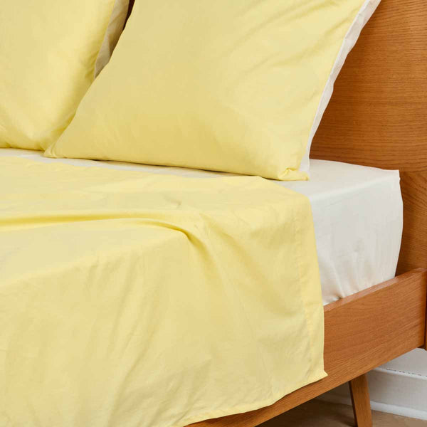 Juego de Cama - Sábana Plana - Percal de Algodón - Bicolor Amarillo Pálido/Marfil