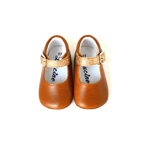 Soft Non-Slip Baby Girls' Slippers with Mini-Alice Buckle - Camel Leather and Gold Glitter - Girl