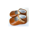 Chaussons Bébé Souples Antidérapants Fille À Boucle Mini-Alice - Cuir Camel Et Paillettes Or - Fille