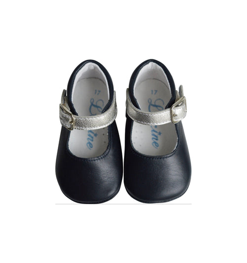 Soft Non-Slip Baby Girls' Slippers with Mini-Alice Buckle - Navy and Silver Leather - Girl