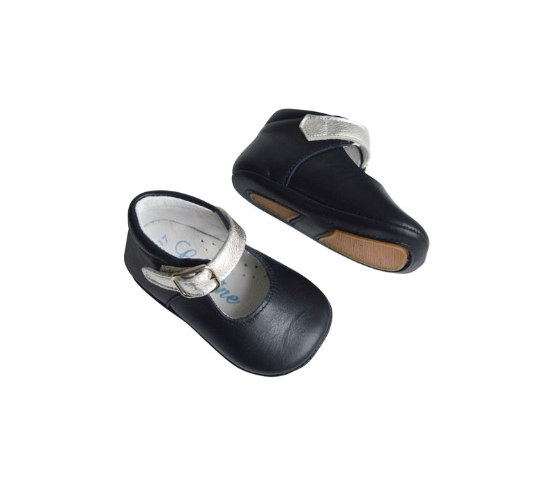 Chaussons Bébé Souples Antidérapants Fille À Boucle Mini-Alice - Cuir Marine Et Argent - Fille