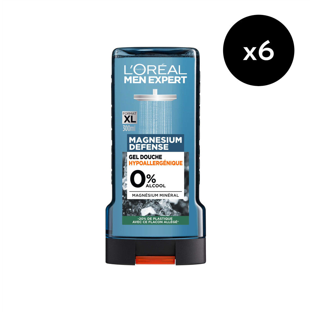 Lot De 6 - Men Expert Magnesium Defense Gel Douche Crème Peau Sensible 0% Alcool Enrichie En Magnésium 300Ml