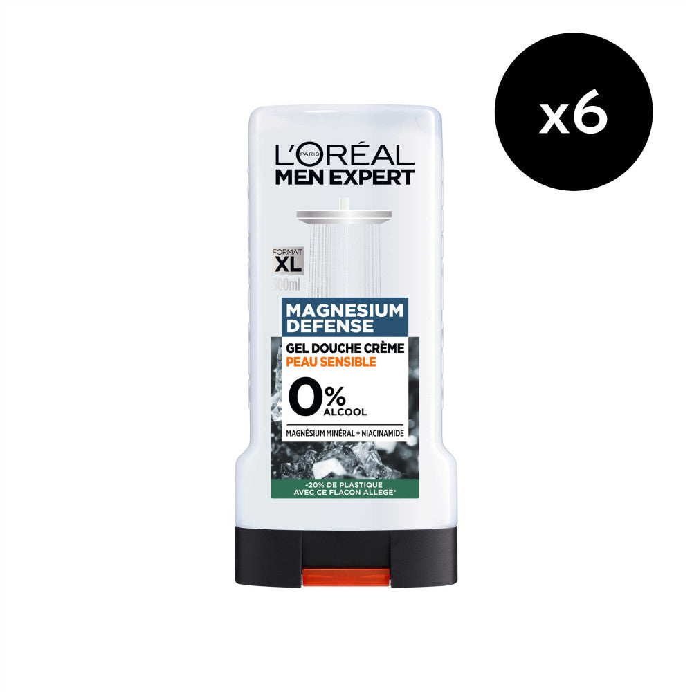 Lot De 6 - Men Expert Magnesium Defense Gel Douche Crème Peau Sensible 0% Alcool Enrichie En Magnésium & En Niaci