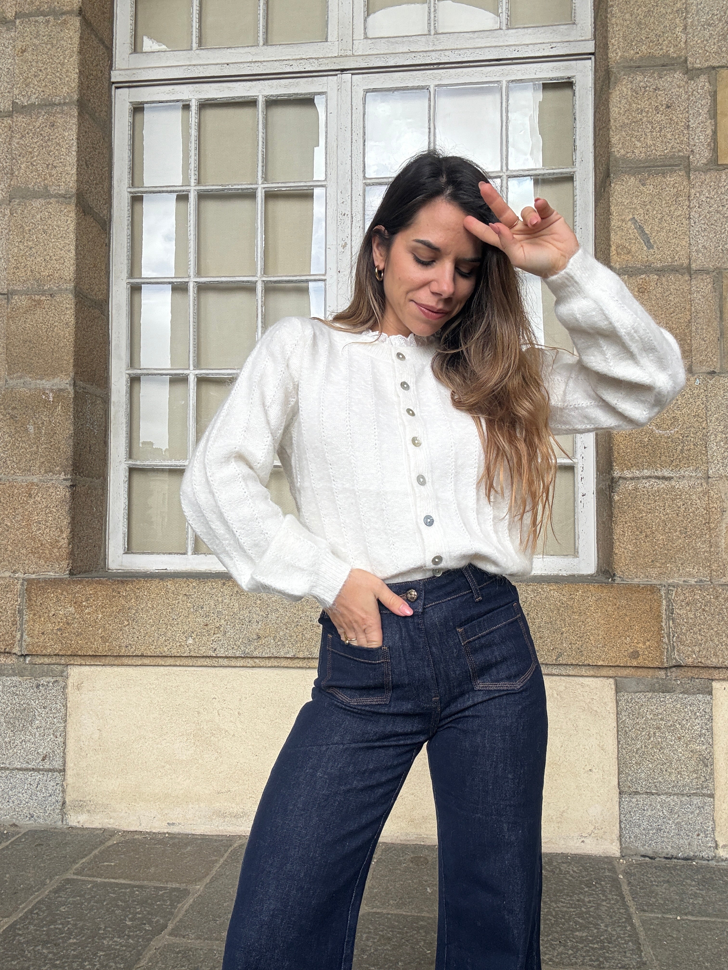 White Lola Cardigan With Lace Collar