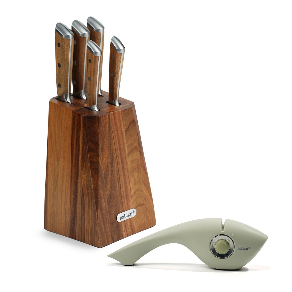 Opaline - Bloc De 5 Couteaux En Bois + Un Aiguiseur 3 En 1 - Bois/Blanc