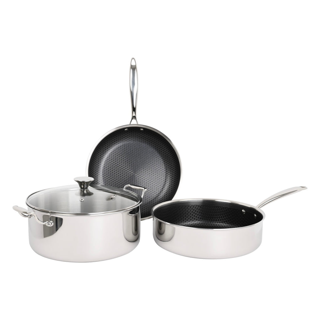 Hera - Set De 4 Pièces Triplex Antiadhésive - Poêle - 28Cm + Sauteuse - 28Cm + Faitout - 28Cm Avec Couvercle - Noir/Argenté