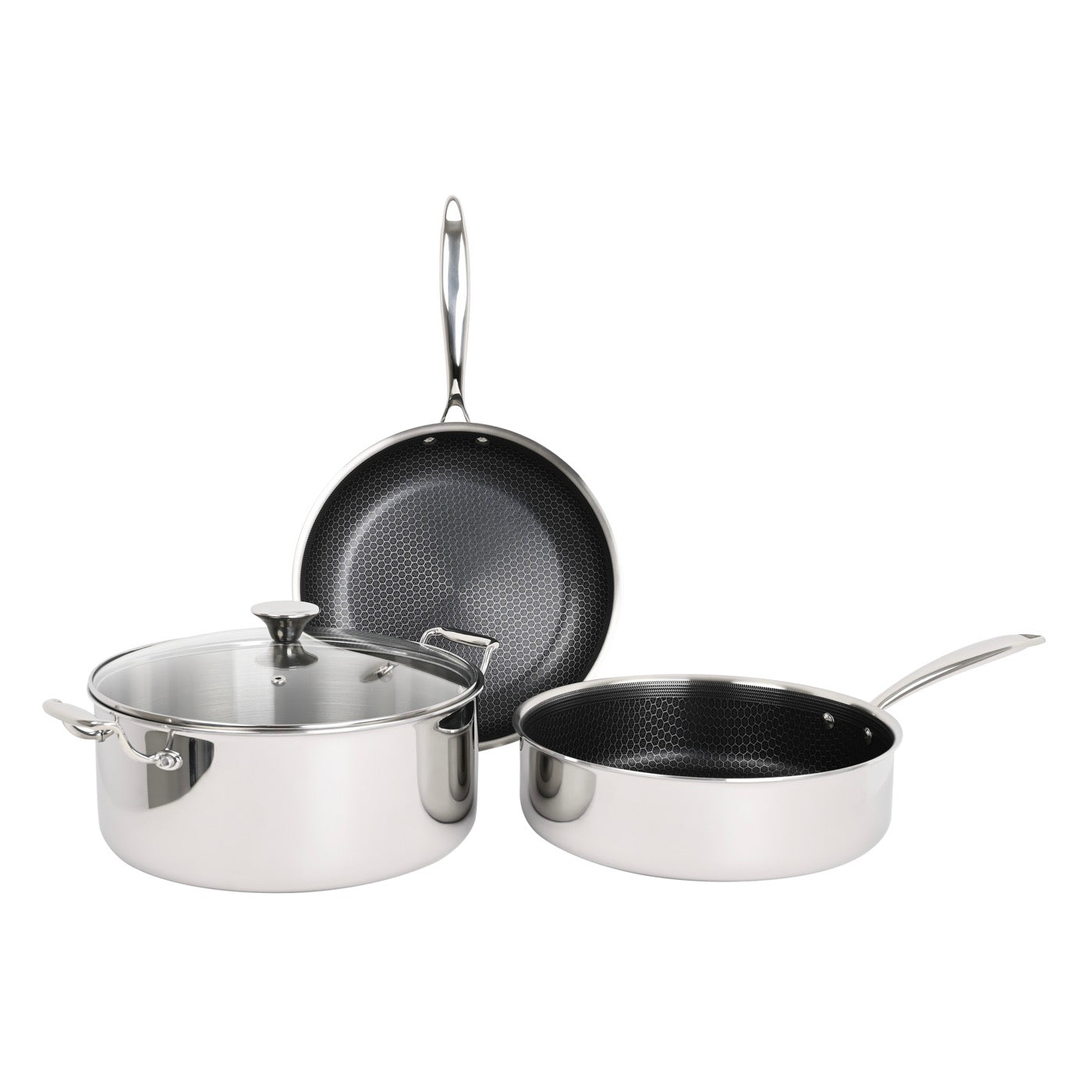 Hera - Set De 4 Pièces Triplex Antiadhésive - Poêle - 28Cm + Sauteuse - 28Cm + Faitout - 28Cm Avec Couvercle - Noir/Argenté