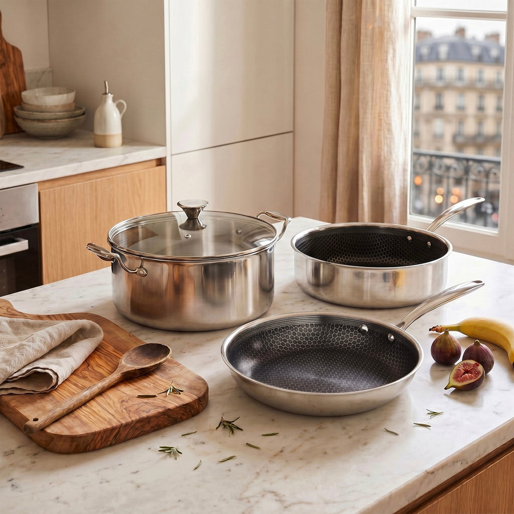Hera - Set De 4 Pièces Triplex Antiadhésive - Poêle - 28Cm + Sauteuse - 28Cm + Faitout - 28Cm Avec Couvercle - Noir/Argenté