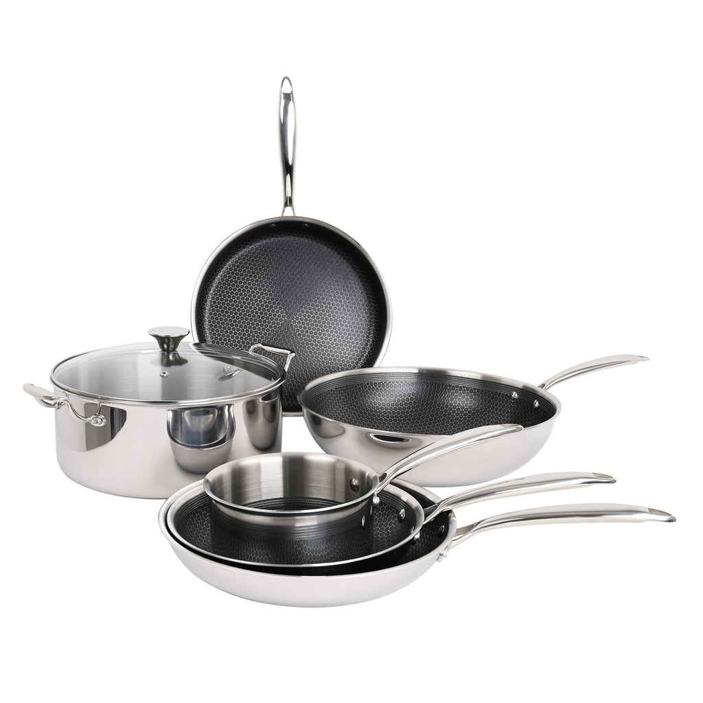 Hera - Set De 7 Pièces Triplex Antiadhésive - Casserole - 16Cm + Poêle - 24Cm + Poêle - 28Cm + Sauteuse - 28Cm + Wok - 32Cm + Faitout - 28Cm Avec Couvercle - Noir/Argenté