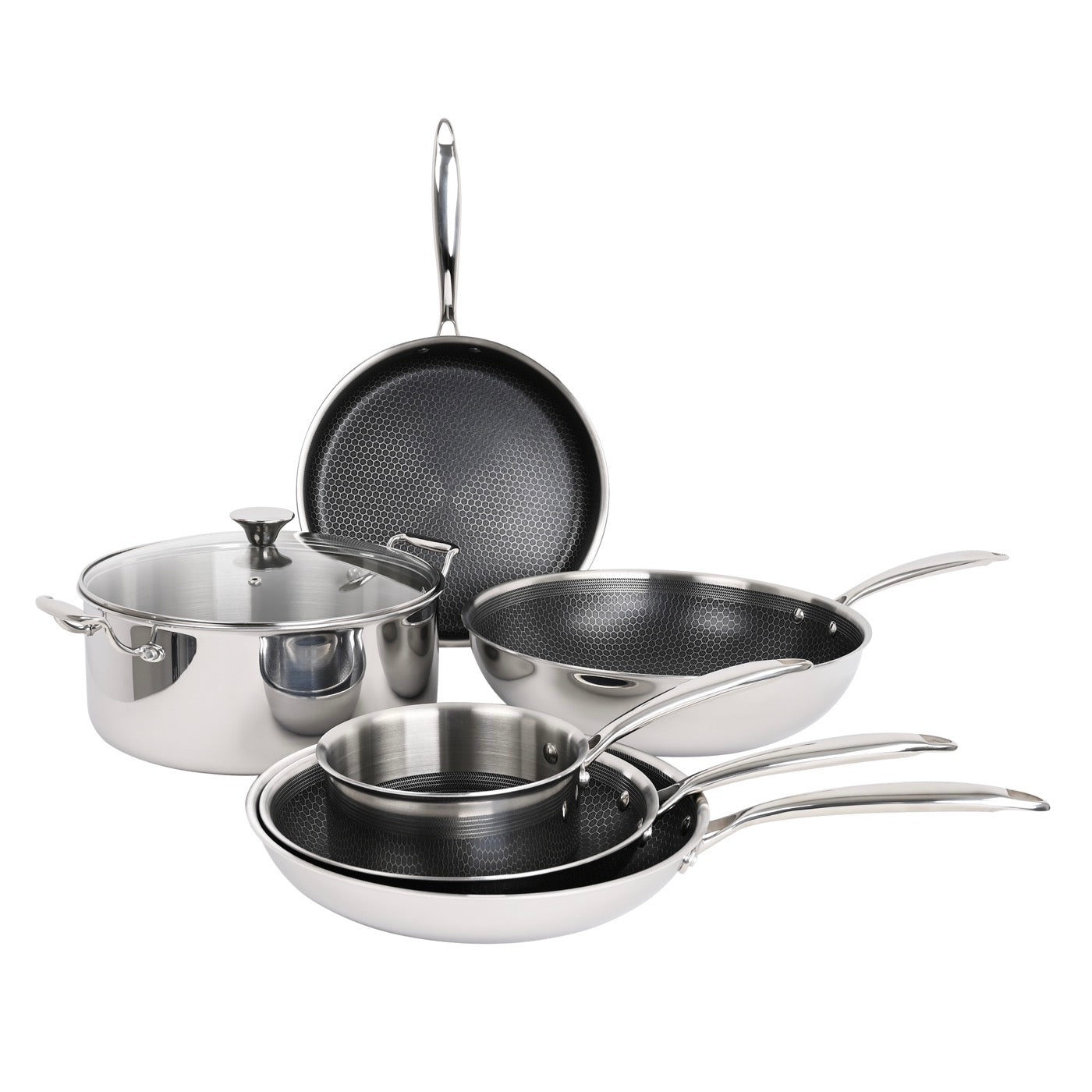 Hera - Set De 7 Pièces Triplex Antiadhésive - Casserole - 16Cm + Poêle - 24Cm + Poêle - 28Cm + Sauteuse - 28Cm + Wok - 32Cm + Faitout - 28Cm Avec Couvercle - Noir/Argenté