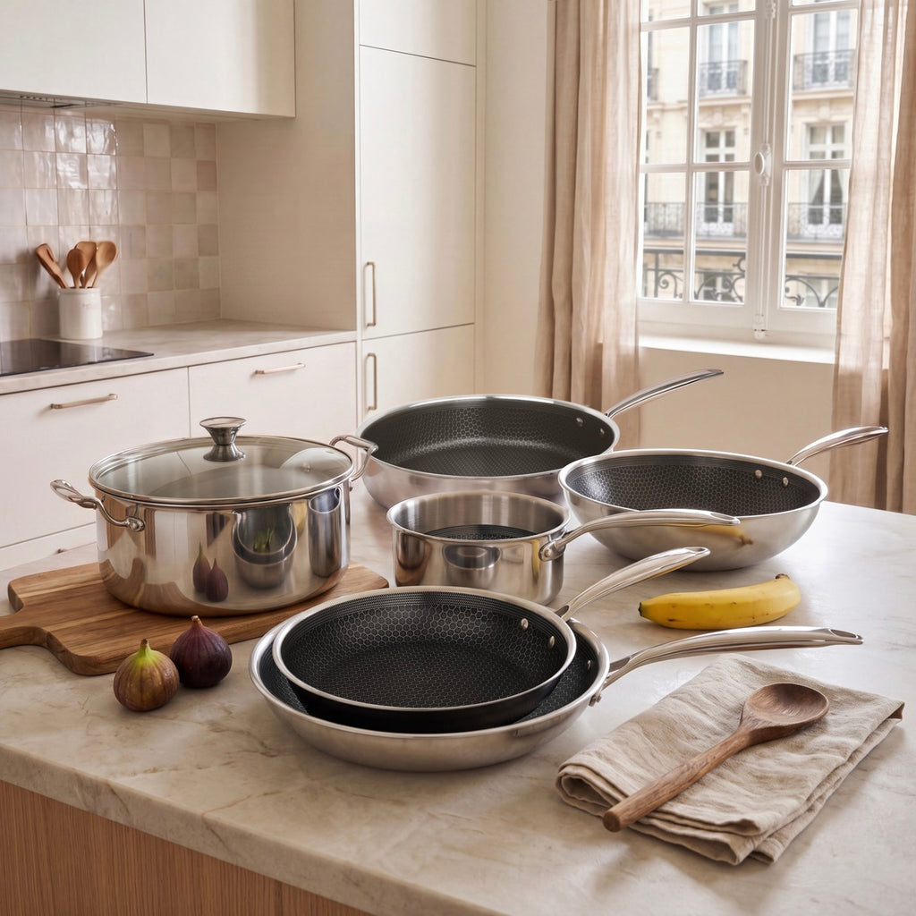 Hera - Set De 7 Pièces Triplex Antiadhésive - Casserole - 16Cm + Poêle - 24Cm + Poêle - 28Cm + Sauteuse - 28Cm + Wok - 32Cm + Faitout - 28Cm Avec Couvercle - Noir/Argenté