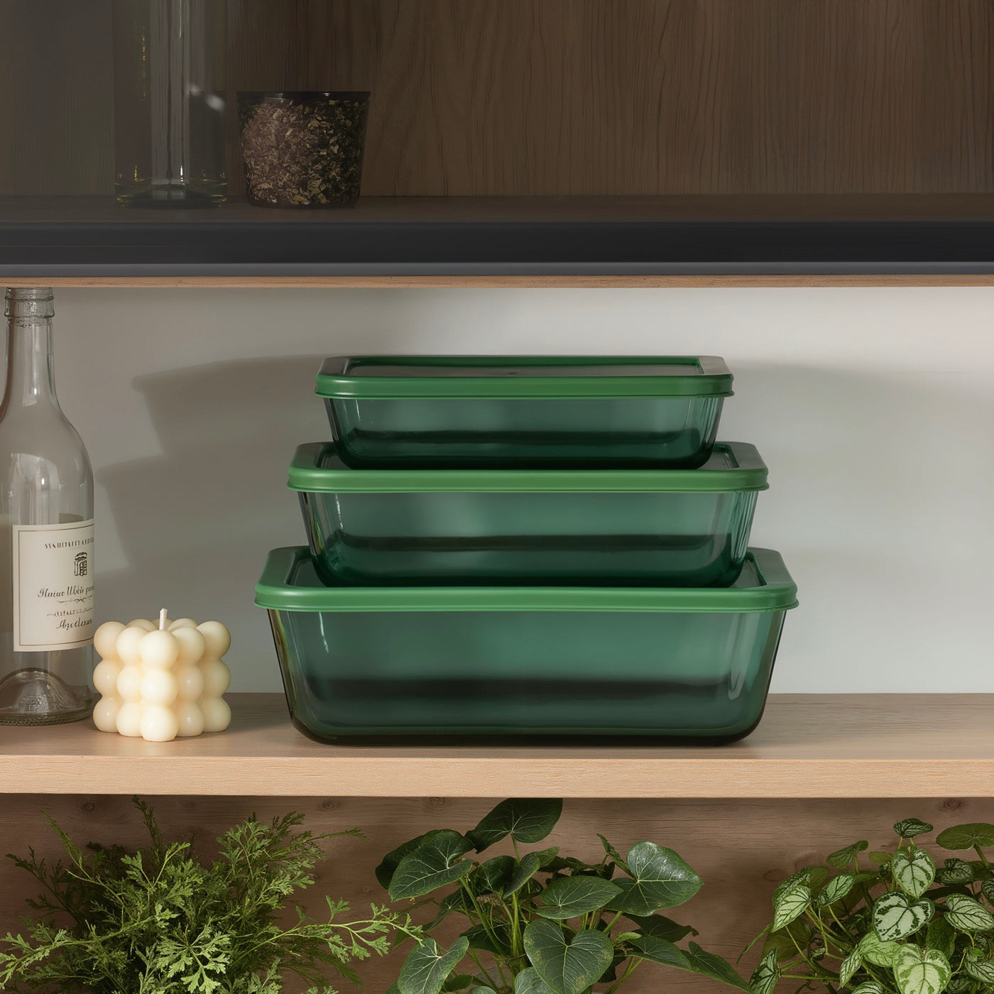 Aloe - Lot De 3 Boîtes De Conservation Rectangulaires En Verre - 64/105/152Cl - Vert