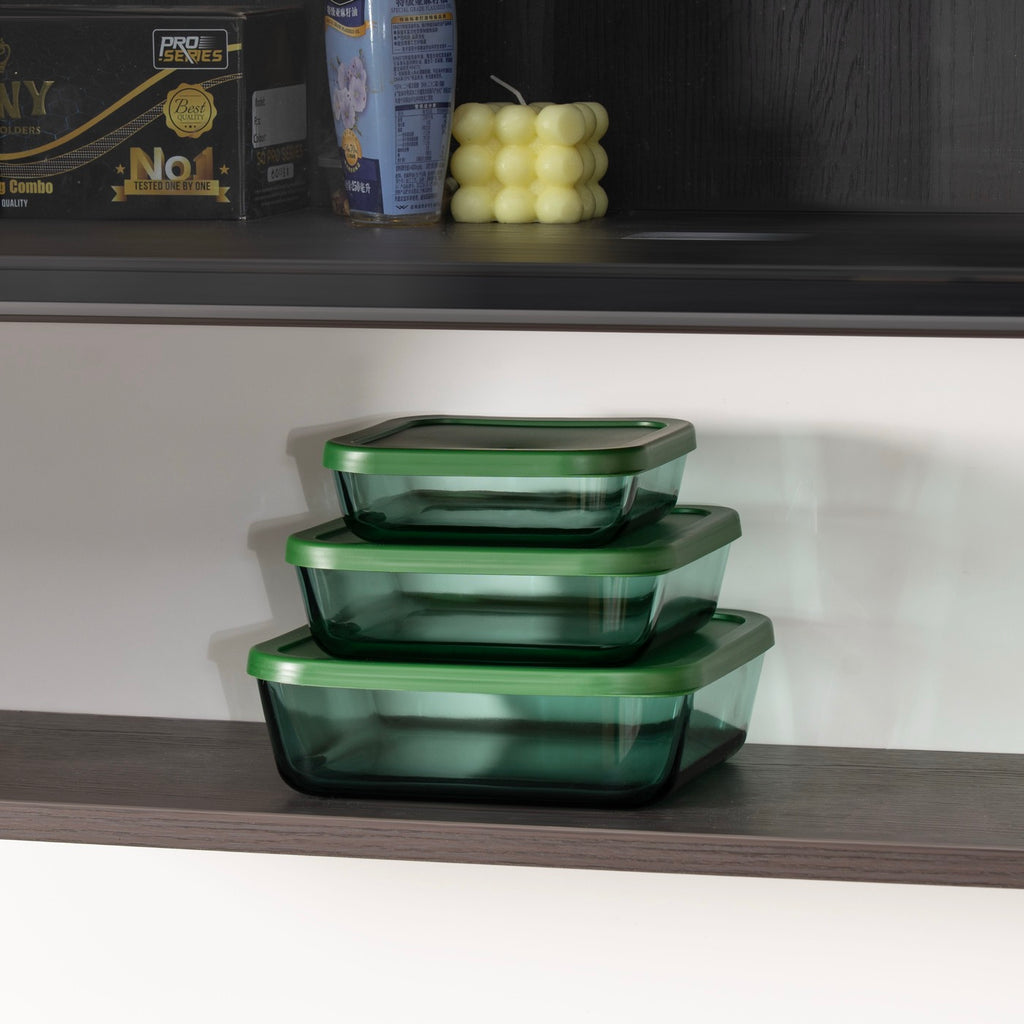 Aloe - Lot De 3 Boîtes De Conservation Carrées En Verre - 32/52/80Cl - Vert