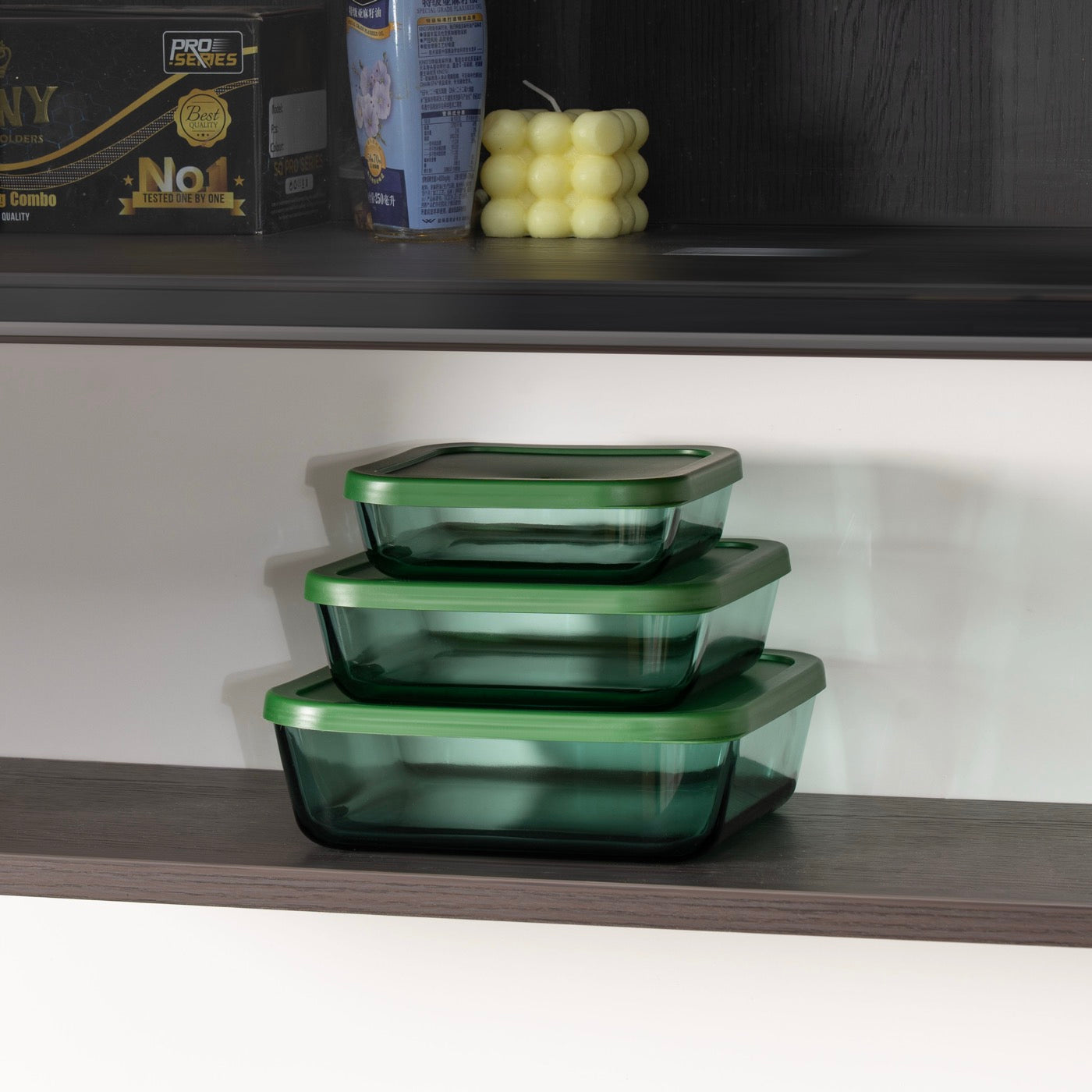 Aloe - Lot De 3 Boîtes De Conservation Carrées En Verre - 32/52/80Cl - Vert