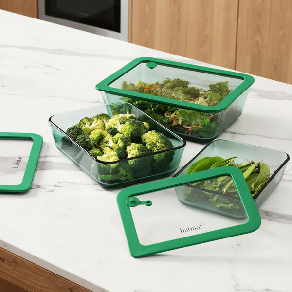 Aloe - Set Di 3 Contenitori Rettangolari In Vetro Con Coperchio In Silicone - 64/105/152 Cl - Verde