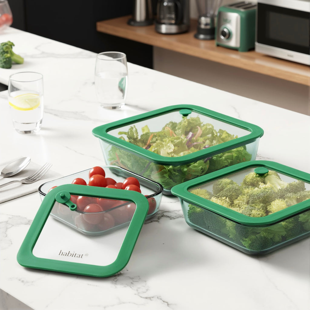 Aloe - Lot De 3 Boîtes De Conservation Carrées En Verre Avec Couvercle Silicone - 32/52/80Cl - Vert