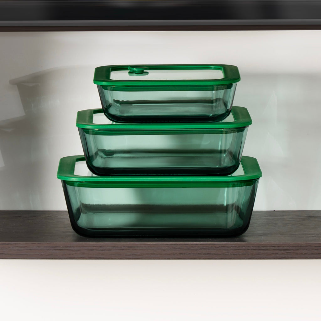 Aloe - Lot De 3 Boîtes De Conservation Carrées En Verre Avec Couvercle Silicone - 32/52/80Cl - Vert